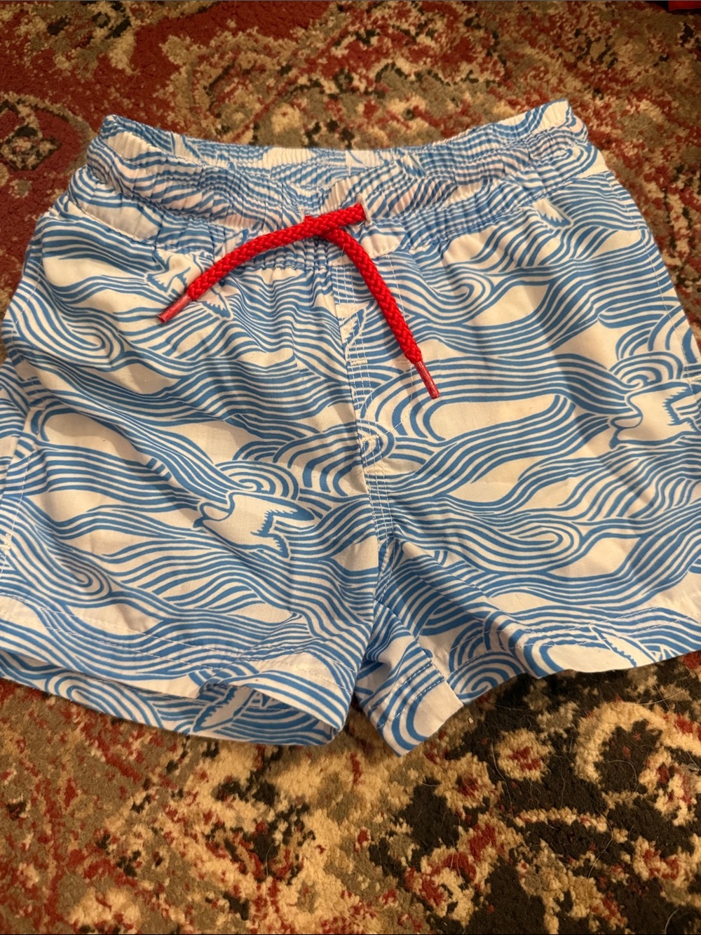 Blue Wave Print Swim Shorts with Red Drawstring
